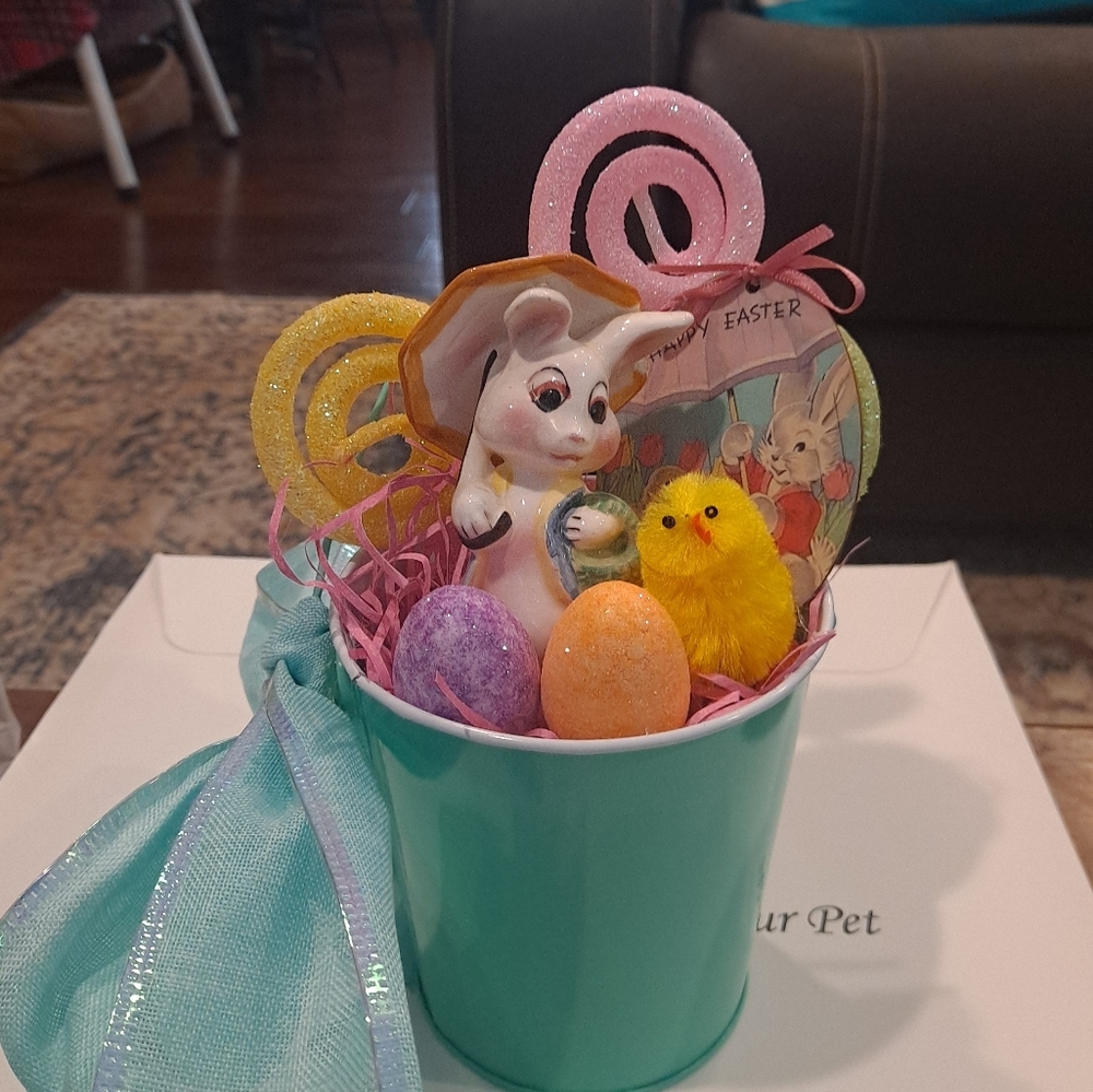 Easter Bunny and Chick Decor in Green Bucket